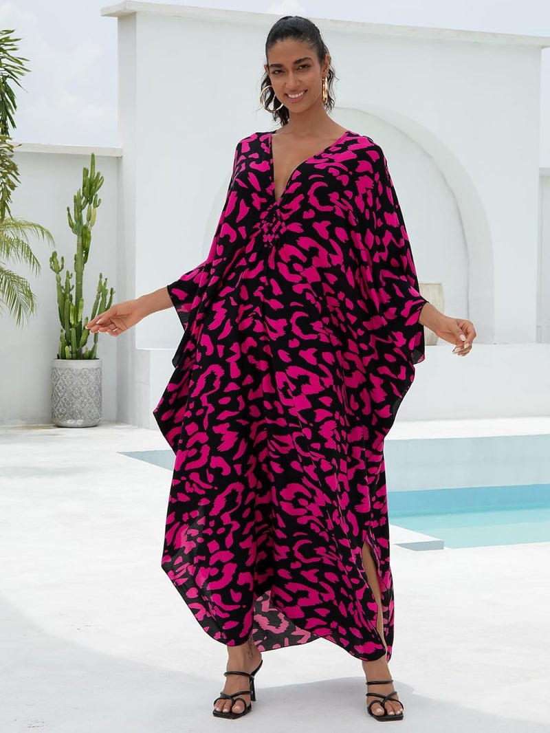 IMAGEKOPE Women's Plus Size Animal Print V-Neck Batwing Kaftan Beach Dress Bathing Suit Cover-Up Loungewear - Image 5